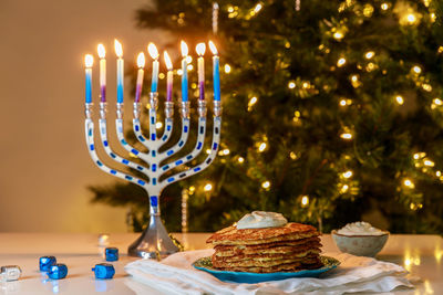 Close-up of christmas decorations on table