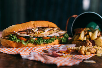 Close-up of burger on table