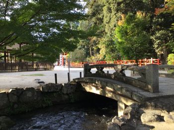 View of bridge over stream along trees