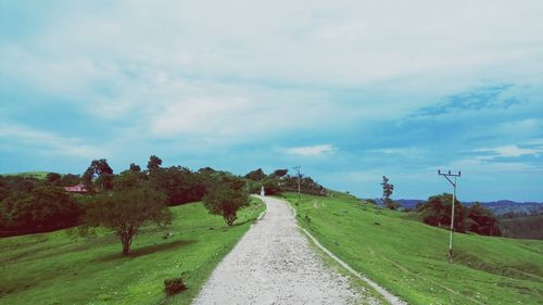 Road amidst trees on field against sky