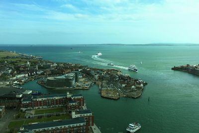 High angle view of harbor by sea against sky