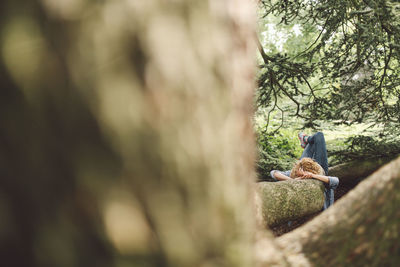 Woman lying on tree trunk seen through branches