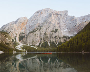 Scenic view of lake by mountains against clear sky