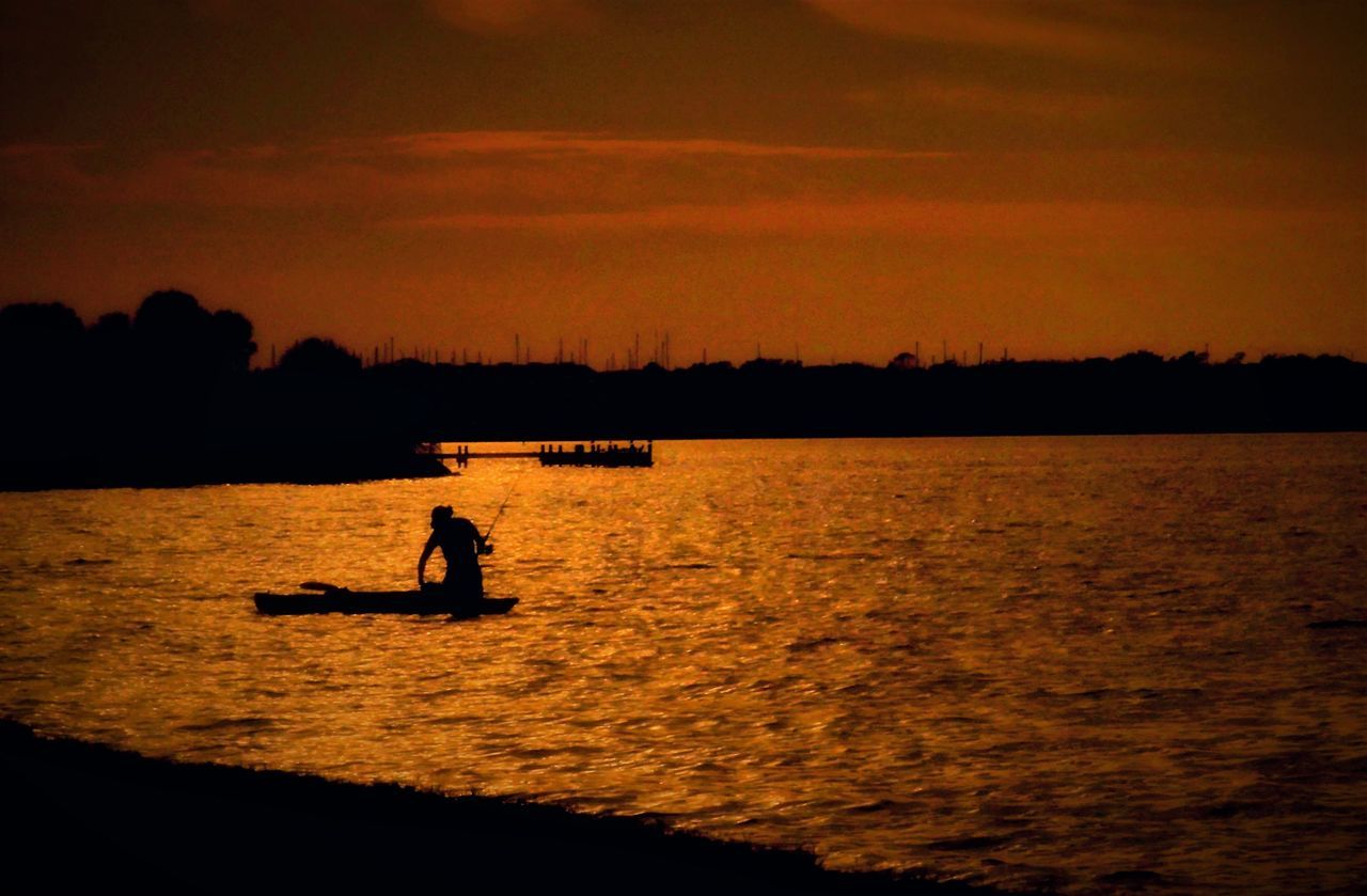 SILHOUETTE PEOPLE ON SHORE AGAINST ORANGE SKY