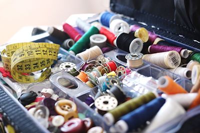 Close-up of sewing items on table