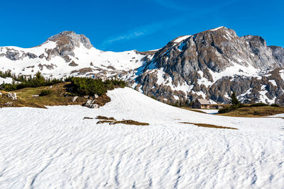 Scenic view of snowcapped mountains against sky