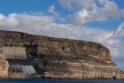 Rock formations by sea against sky