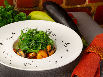 High angle view of vegetables in bowl on table