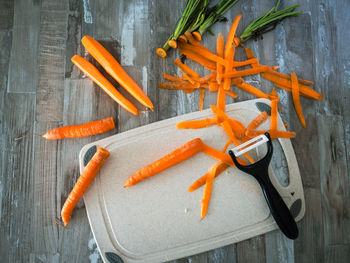 High angle view of chopped bread on wood
