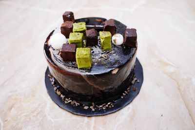 High angle view of ice cream in plate on table