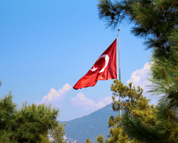 Low angle view of flag against sky