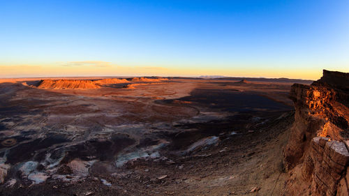 Scenic view of landscape against clear sky during sunset