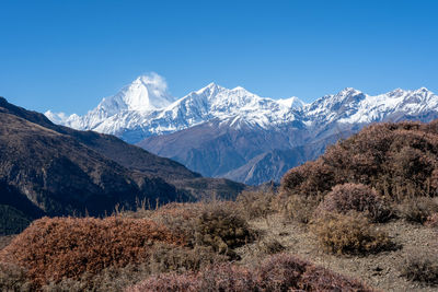 Scenic view of snowcapped mountains against clear blue sky