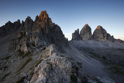 Panoramic view of rocky mountains against clear sky