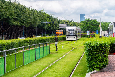 Train on railroad track against sky