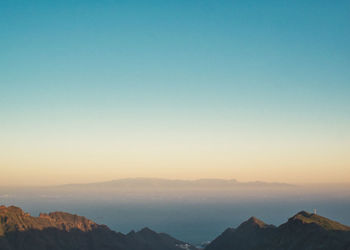 Scenic view of mountains against clear sky during sunset