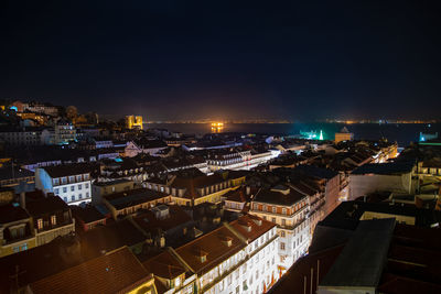 High angle view of illuminated buildings in city at night