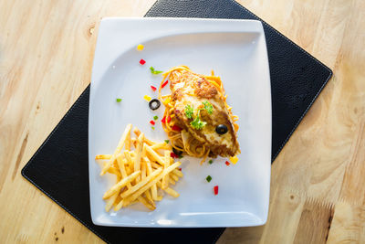 High angle view of food served on table