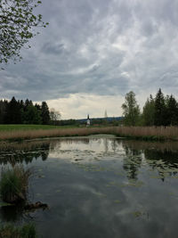 Scenic view of lake against cloudy sky