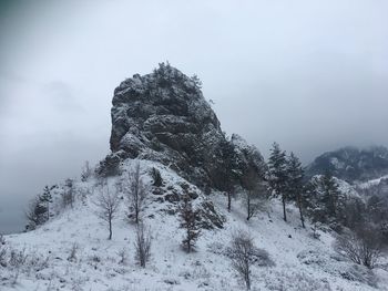 Low angle view of snow covered mountain against sky