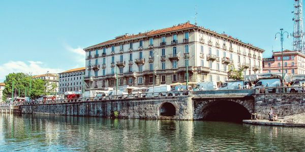 Bridge over river with buildings in background