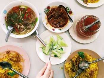 High angle view of food served on table