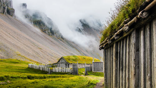 Icelandic, norse viking village on a foggy dark day