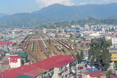 High angle view of buildings in city