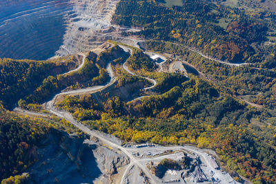 Aerial drone view of rosia poieni open pit copper mine, romania