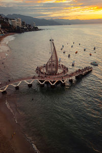 High angle view of sea against sky during sunset