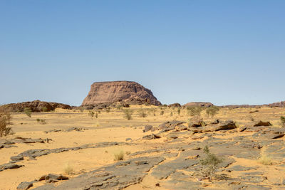 Rock formations in desert against clear sky