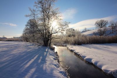 Snow covered landscape against sky