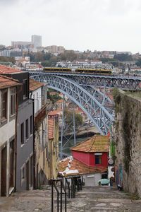 Houses by river against buildings in city against sky