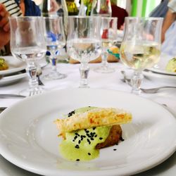 Close-up of food served on table