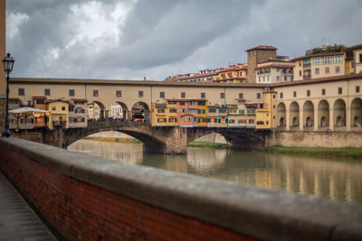 Bridge over river by buildings against sky