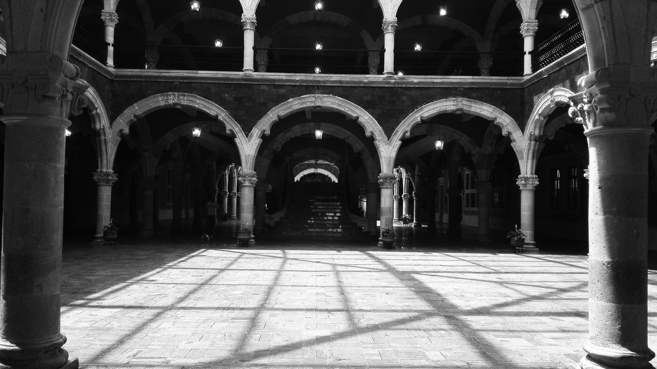 arch, architectural column, architecture, built structure, corridor, history, the way forward, illuminated, no people, indoors, travel destinations, night