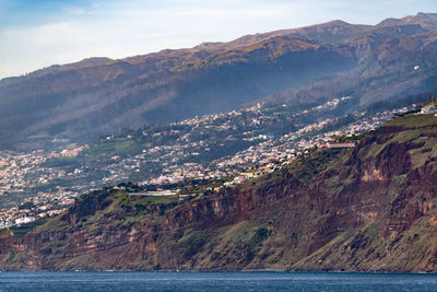 Aerial view of mountain by sea against sky