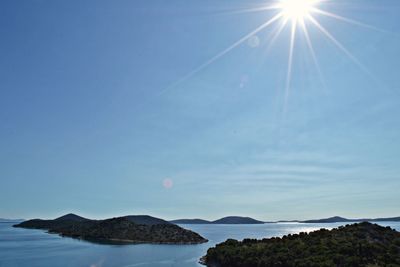 Scenic view of sea and mountains against blue sky