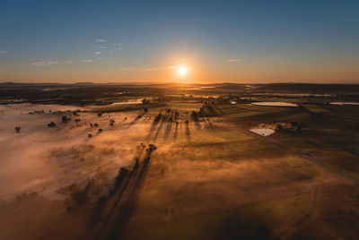 High angle view of land against sky during sunset