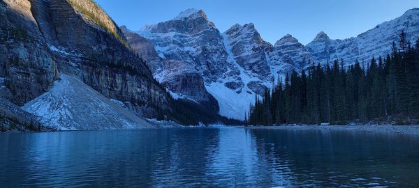 Scenic view of lake and snowcapped mountains against sky