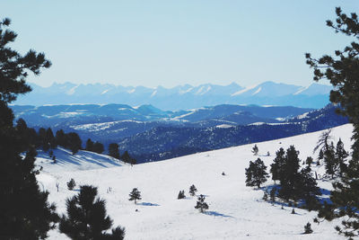 Scenic view of snowcapped mountains against sky during winter