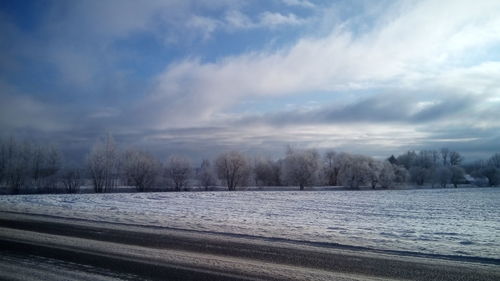 Scenic view of snow covered landscape against sky