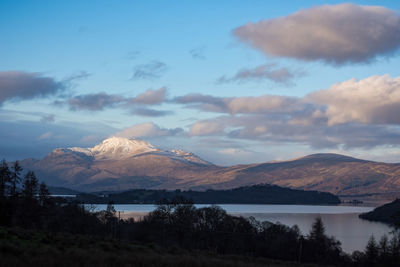 Scenic view of lake and mountains against sky