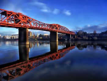 Bridge over river against sky at dusk