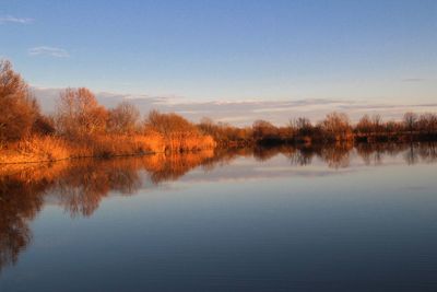 Scenic view of lake against sky during sunset