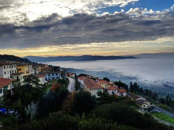 High angle shot of townscape against sky