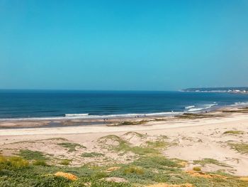 Scenic view of beach against clear blue sky