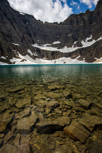 Scenic view of lake and snowcapped mountains against sky