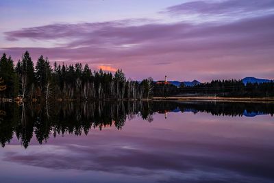 Scenic view of lake against sky at sunset
