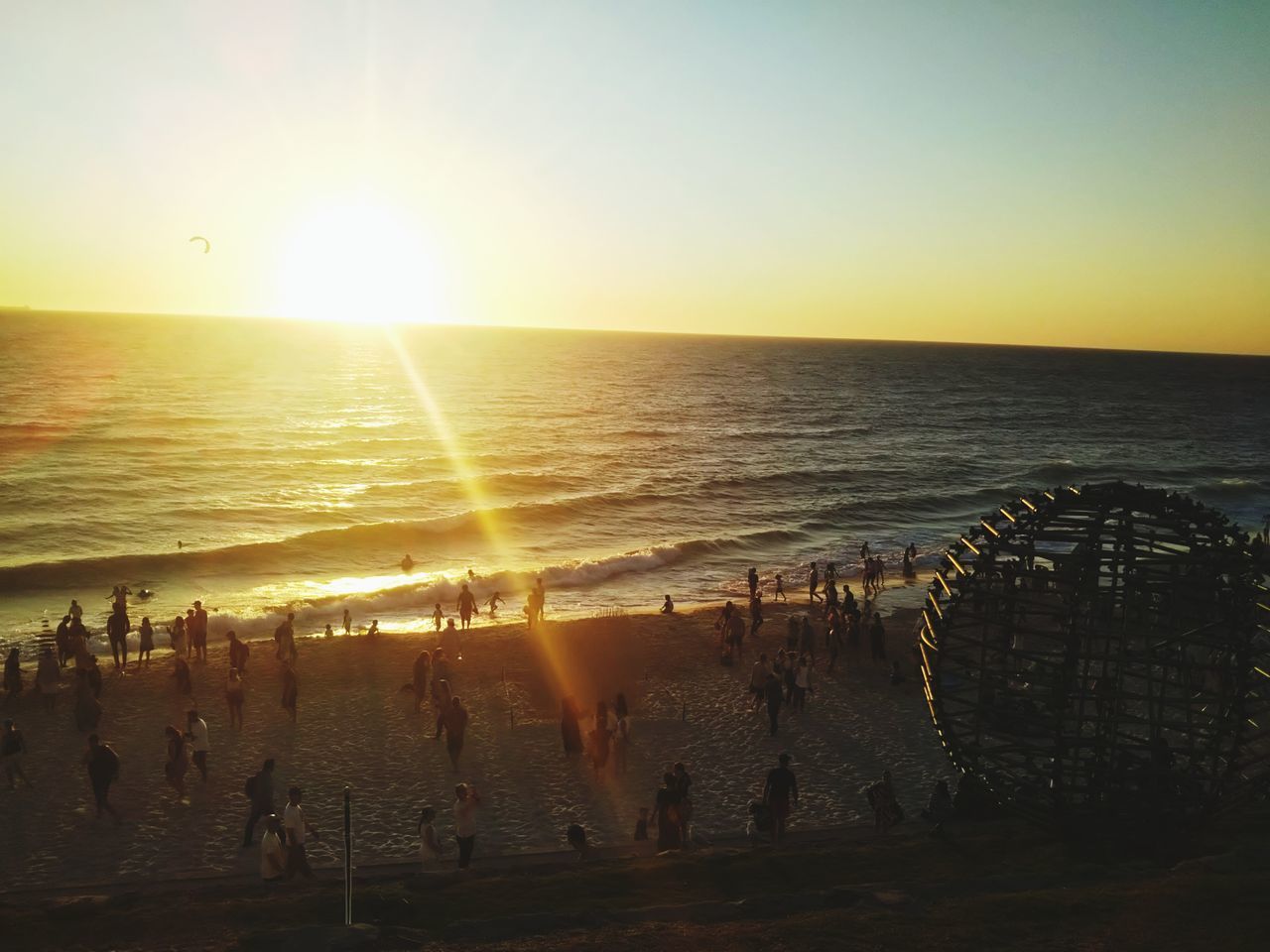 PEOPLE ON BEACH AGAINST CLEAR SKY DURING SUNSET